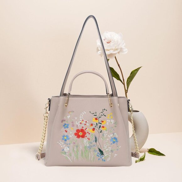 Women's Tan Embroidered Designer Soft Vegan Leather Top Shoulder Handle Bag - Picture 9 of 9